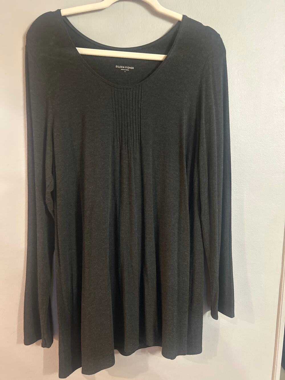 Eileen Fisher Women's Gray L Stretch Tunic Shift Dress rib minimalist Lagenlook